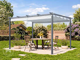 3x4m Pergola, pearl grey, shade sail, stone