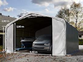 7x7m 2.6m Sides Carport Tent / Portable Garage, 5x2.9m Drive Through, PVC 850, grey with statics package (soft ground anchors) 7x7m 2.6m Sides Carport Tent / Portable Garage, 5x2.9m Drive Through, PVC 850, grey with statics package (soft ground anchors)