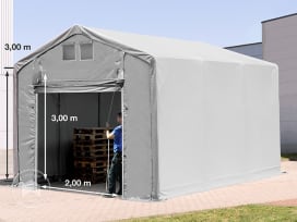 Carpa industrial 3x6 m - altura lateral de 3,0 m con puerta levadiza, PVC 850, gris, sin Estática