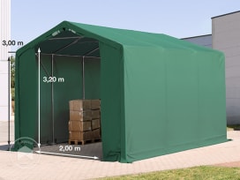 Carpa industrial 3x6 m - altura lateral de 3,0 m con puerta con cremallera, PRIMEtex 2300, verde oscuro, sin Estática
