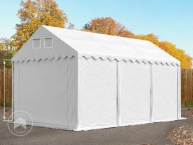 Carpa almacén 4x6 m - altura lateral 2,6m, PVC 800, con base reforzada, blanco, con Estática (para suelos blandos)