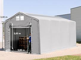 Carpa industrial 4x8 m - altura lateral de 3,0 m con puerta levadiza y claraboyas, PVC 850, gris, sin Estática Carpa industrial 4x8 m - altura lateral de 3,0 m con puerta levadiza y claraboyas, PVC 850, gris, sin Estática