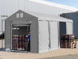 Carpa almacén 4x8 m - altura lateral de 3,0 m con puerta levadiza, PVC 850, gris, sin Estática
