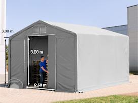 Carpa industrial 6x6 m - altura lateral de 3,0 m con puerta corredera, PVC 850, gris, sin Estática