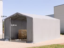 Carpa industrial 6x8 m - altura lateral de 3,0 m con puerta con cremallera, PVC 850, gris, sin Estática