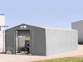 Carpa industrial 8x12 m - altura lateral de 4,0 m con entrada corredera y claraboyas, PRIMEtex 2300, gris, sin Estática