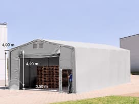 Carpa industrial 8x16 m - altura lateral de 4,0 m con puerta levadiza, PRIMEtex 2300, gris, sin Estática Carpa industrial 8x16 m - altura lateral de 4,0 m con puerta levadiza, PRIMEtex 2300, gris, sin Estática