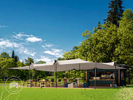 Carpa beduina de 7,5 x 10 m, con set de postes de aluminio, color arena