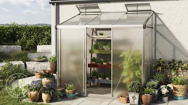 Lean to greenhouse with potted plants