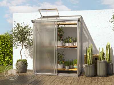 small lean to greenhouse on a patio with a single roof vent and opened sliding door