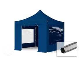 3x3m PES 750 Pop Up Gazebo PREMIUM Steel 40 mm, incl. 4 side panels with Panorama Windows, blue