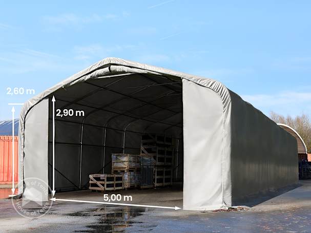 7x21m 2.6m Sides Commercial Storage Shelter, 5x2.9m Drive Through, PVC 850, grey without statics 7x21m 2.6m Sides Commercial Storage Shelter, 5x2.9m Drive Through, PVC 850, grey without statics