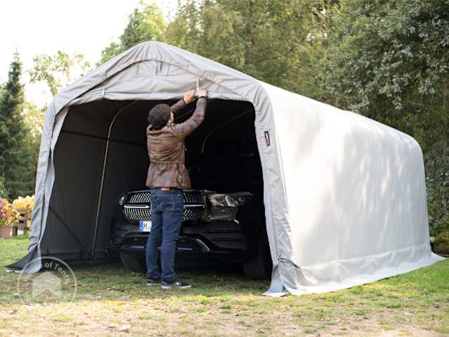Portable garage in the garden