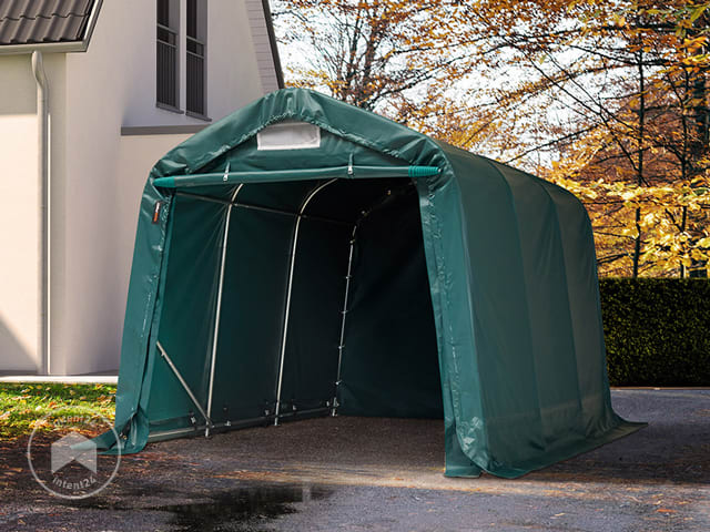 8x12 m, Tente garage de stockage, PVC 850, porte 4,0x3,6 m, gris, avec  statique (type de sol : béton)