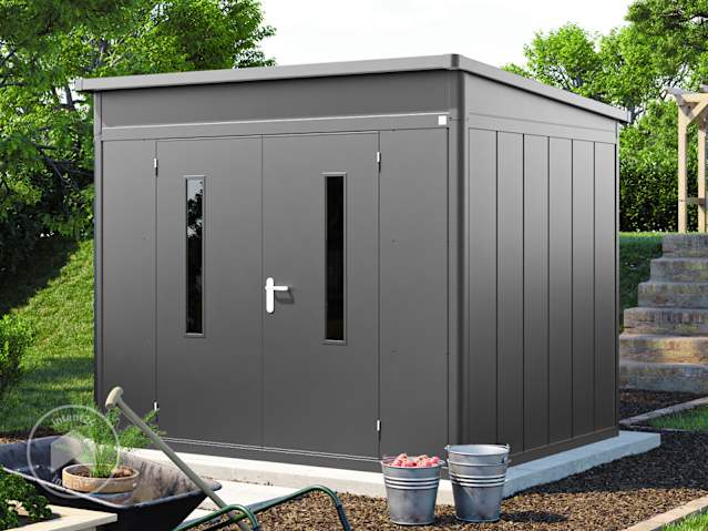 Abri De Jardin Métal GFP 256x256x212 Cm - Toit Plat, Porte Coulissante, Résiste Aux Intempéries