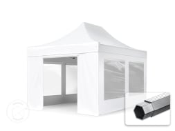 3x4,5 m Tonnelle pliante Alu, PVC 620 g/m², anti-feu, côtés panoramiques, blanc