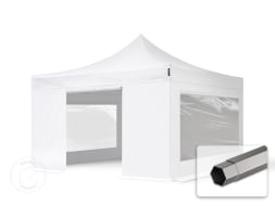 4x4 m Tonnelle pliante Acier, PVC 520 g/m², anti-feu, côtés panoramiques, blanc