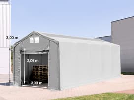 4x12 m hangar, PVC 850, H. 3m avec porte actionnée par traction et fenêtres dans le toit, gris, sans statique 4x12 m hangar, PVC 850, H. 3m avec porte actionnée par traction et fenêtres dans le toit, gris, sans statique