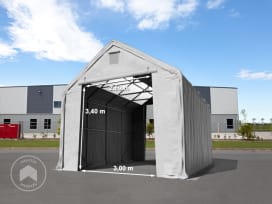 5x10 m hangar avec fenêtres dans le toit, porte 3x3,4 m, PRIMEtex 2300, gris, avec statique (type de sol : terre)