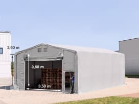 8x10 m hangar, PVC 850, H. 3,6m avec porte actionnée par traction, gris, sans statique