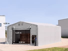 8x10 m hangar, PVC 850, H. 4m avec porte actionnée par traction, gris, sans statique 8x10 m hangar, PVC 850, H. 4m avec porte actionnée par traction, gris, sans statique