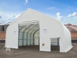 12x12 m hangar, structure en échelle (2 points), châssis 1 m, porte 4,73x5,3 m, PRIMEtex 2300, anti-feu, blanc, blanc, avec statique (type de sol : terre)