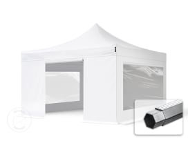 4x4 m Tonnelle pliante Alu, PVC 850, anti-feu, côtés panoramiques, blanc