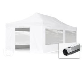 4x8 m Tonnelle pliante Alu, PVC 850, anti-feu, côtés panoramiques, blanc