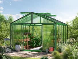 311 x 385 cm Serre de jardin, revêtement par poudre vert 311 x 385 cm Serre de jardin, revêtement par poudre vert