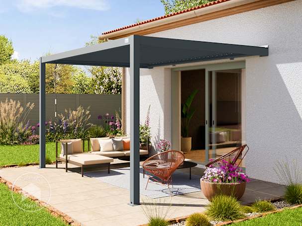 Pergola adossée 3x4 m en anthracite avec toit à lames en anthracite Pergola adossée 3x4 m en anthracite avec toit à lames en anthracite