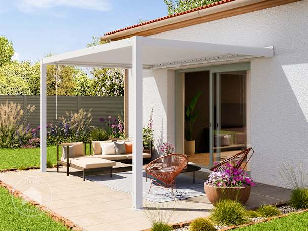 Pergola adossée 3x4 m en blanc avec toit à lames en blanc