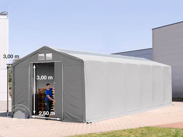 6x12m Hala namiotowa - 3,0 m wysokość ścian bocznych z bramą przesuwną i swietlikami dachowymi, PVC 850, szary, bez statyki