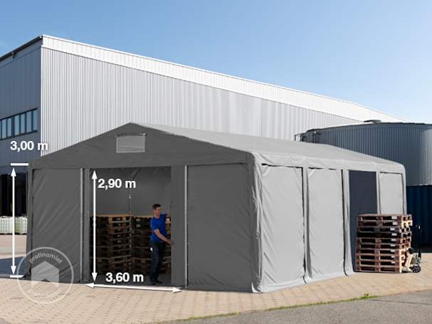 8x8m Namiot magazynowy - 3,0 m wysokość ścian bocznych z bramą przesuwną, PVC 850, szary, bez statyki 8x8m Namiot magazynowy - 3,0 m wysokość ścian bocznych z bramą przesuwną, PVC 850, szary, bez statyki