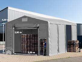8x8m Namiot magazynowy - 4,0 m wysokość ścian bocznych z podciąganą do góry bramą, PVC 850, szary, bez statyki 8x8m Namiot magazynowy - 4,0 m wysokość ścian bocznych z podciąganą do góry bramą, PVC 850, szary, bez statyki