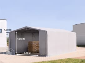 8x10m Hala namiotowa - 4,0 m wysokość ścian bocznych z bramą na zamek błyskawiczny, PVC 850, szary, bez statyki 8x10m Hala namiotowa - 4,0 m wysokość ścian bocznych z bramą na zamek błyskawiczny, PVC 850, szary, bez statyki