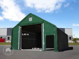 8x12m Hala namiotowa - 3 m wysokość ścian bocznych z 4x3,4m bramą, PRIMEtex 2300, ciemnozielony, ze statyką (podłoże gruntowe) 8x12m Hala namiotowa - 3 m wysokość ścian bocznych z 4x3,4m bramą, PRIMEtex 2300, ciemnozielony, ze statyką (podłoże gruntowe)