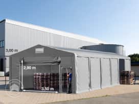8x12m Namiot magazynowy - 3,0 m wysokość ścian bocznych z podciąganą do góry bramą i świetlikami dachowymi, PVC 850, szary, bez statyki