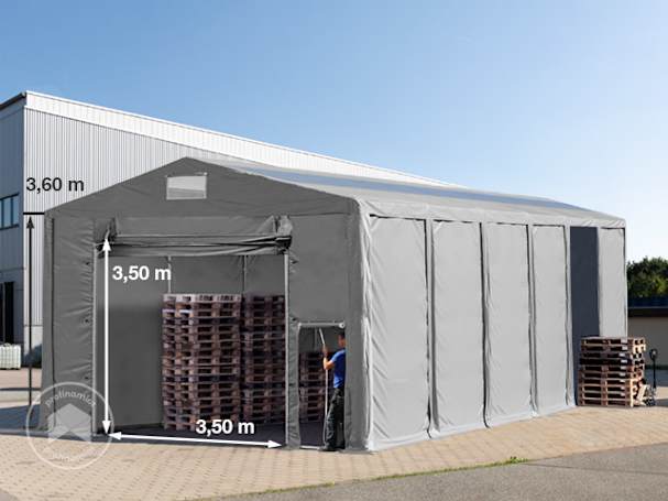 8x12m Namiot magazynowy - 3,6 m wysokość ścian bocznych z podciąganą do góry bramą i świetlikami dachowymi, PVC 850, szary, bez statyki