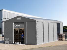 8x12m Namiot magazynowy - 4,0 m wysokość ścian bocznych z bramą przesuwną i swietlikami dachowymi, PVC 850, szary, bez statyki 8x12m Namiot magazynowy - 4,0 m wysokość ścian bocznych z bramą przesuwną i swietlikami dachowymi, PVC 850, szary, bez statyki