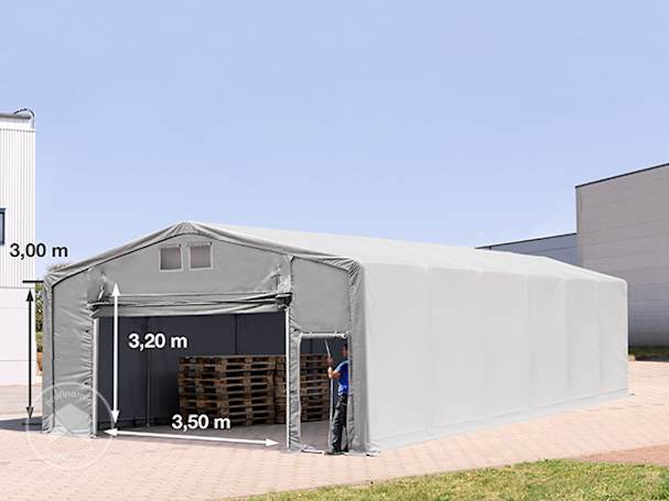 8x16m Hala namiotowa - 3,0 m wysokość ścian bocznych z podciąganą do góry bramą, PVC 850, szary, bez statyki 8x16m Hala namiotowa - 3,0 m wysokość ścian bocznych z podciąganą do góry bramą, PVC 850, szary, bez statyki