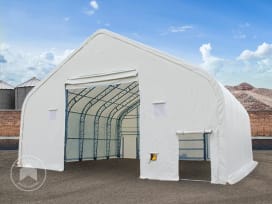 12,2x12m Hala namiotowa z konstrukcja kratownicy z 4,73x5,3 m bramą, PRIMEtex 2300 trudnopalny biały, ze statyką (podłoże gruntowe)