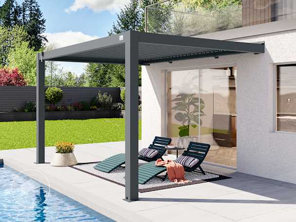 3x4 pergola przyścienna w kolorze antracyt, z dachem lamelowym w kolorze antracyt 3x4 pergola przyścienna w kolorze antracyt, z dachem lamelowym w kolorze antracyt