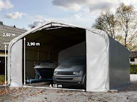 6x6m Namiot garażowy - 2,6 m wysokość ścian bocznych z 4,1x2,9m brama, PVC 850, szary, bez statyki