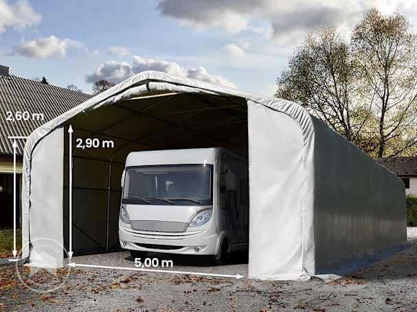 7x21m Namiot garażowy - 2,6 m wysokość ścian bocznych z 5x2,9m brama, PVC 850, szary, bez statyki 7x21m Namiot garażowy - 2,6 m wysokość ścian bocznych z 5x2,9m brama, PVC 850, szary, bez statyki