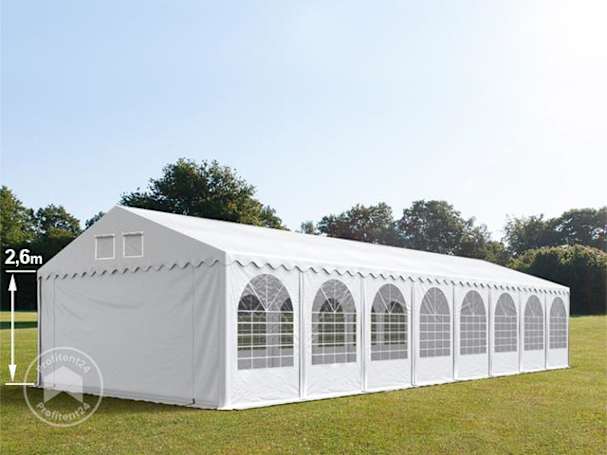 Partytent 5x16 m - 2,6m doorloop, PVC 800, met Grondframe, wit Partytent 5x16 m - 2,6m doorloop, PVC 800, met Grondframe, wit