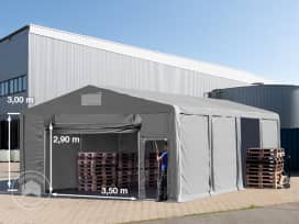 Opslagtent 8x8m met ophijsbare deur - 3,0m zijwandhoogte, PVC 850, met grondframe, grijs, zonder statica (zekerheidspluspakket) Opslagtent 8x8m met ophijsbare deur - 3,0m zijwandhoogte, PVC 850, met grondframe, grijs, zonder statica (zekerheidspluspakket)