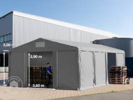 Opslagtent 8x8m met schuifdeur - 3,0m zijwandhoogte, PVC 850, met grondframe, grijs, zonder statica (zekerheidspluspakket) Opslagtent 8x8m met schuifdeur - 3,0m zijwandhoogte, PVC 850, met grondframe, grijs, zonder statica (zekerheidspluspakket)