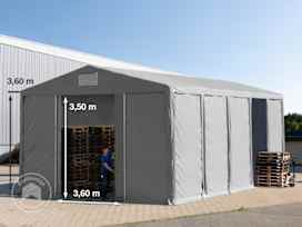 Opslagtent 8x10m met schuifdeur - 3,6m zijwandhoogte, PVC 850, met grondframe, grijs, zonder statica (zekerheidspluspakket) Opslagtent 8x10m met schuifdeur - 3,6m zijwandhoogte, PVC 850, met grondframe, grijs, zonder statica (zekerheidspluspakket)