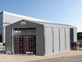 Opslagtent 8x12m met ritssluitingen en dakvensters - 4,0m zijwandhoogte, PVC 850, met grondframe, grijs, zonder statica (zekerheidspluspakket)