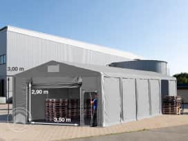 Opslagtent 8x16m met ophijsbare deur - 3,0m zijwandhoogte, PVC 850, met grondframe, grijs, zonder statica (zekerheidspluspakket) Opslagtent 8x16m met ophijsbare deur - 3,0m zijwandhoogte, PVC 850, met grondframe, grijs, zonder statica (zekerheidspluspakket)